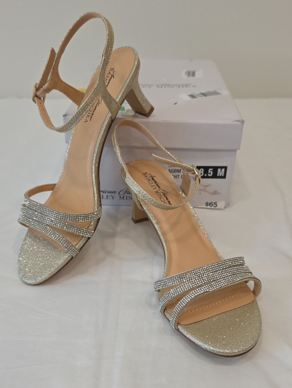 Badgley Mischka Gold Glitter Rhinestone-Strap Mid Heels